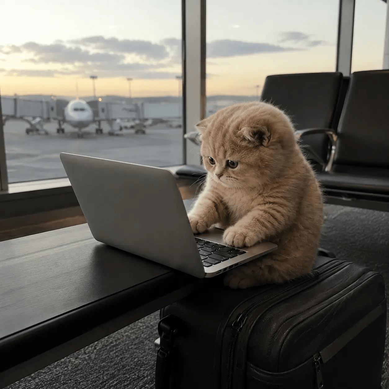cat on a laptop at the airport