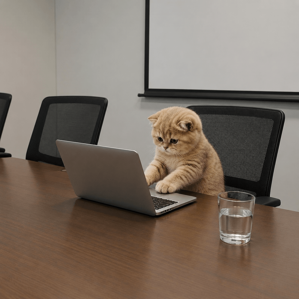 cat on a laptop in a boardroom