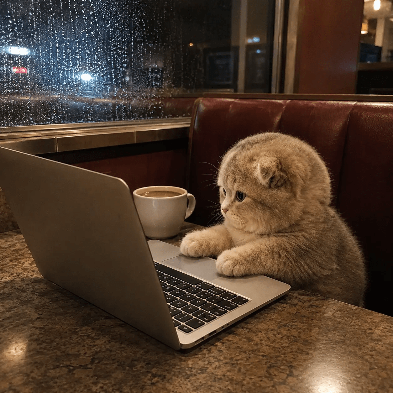 cat on a laptop in a diner