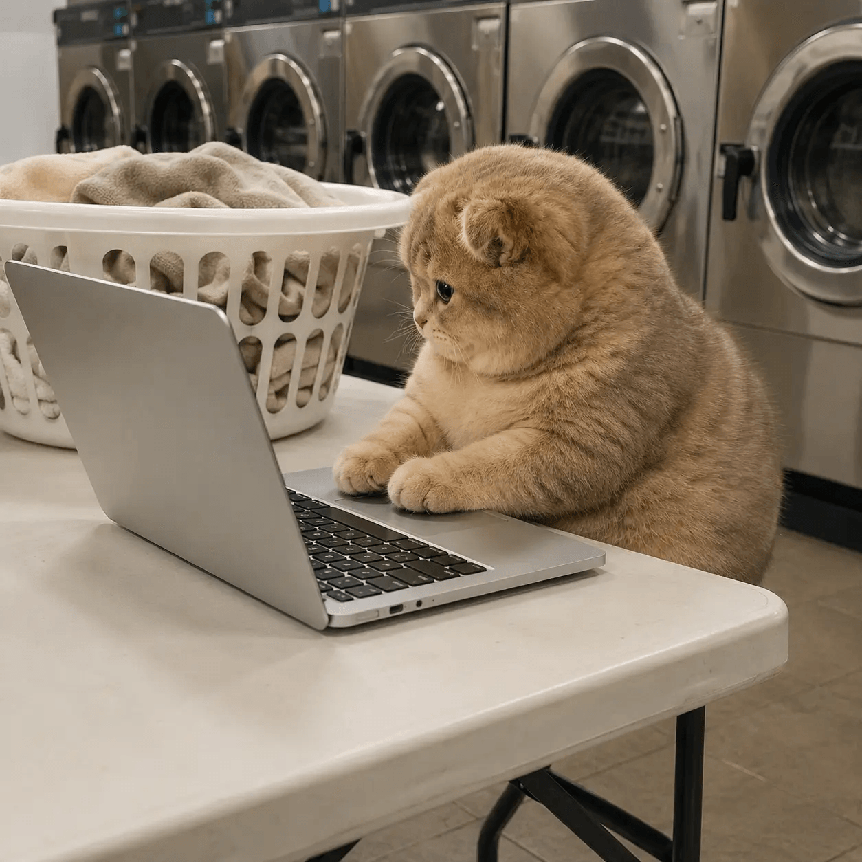 cat on a laptop in a laundromat