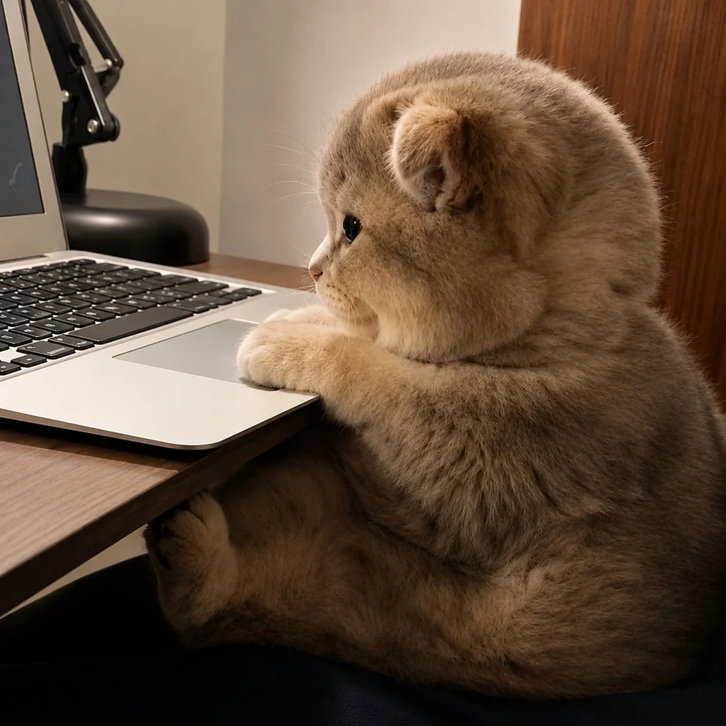 a fluffy cat sitting at a laptop, watching the screen
